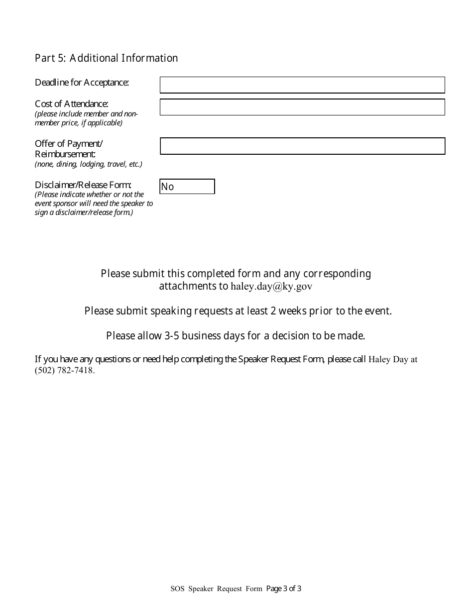 Secretary of State Speaker Request Form - Kentucky, Page 3