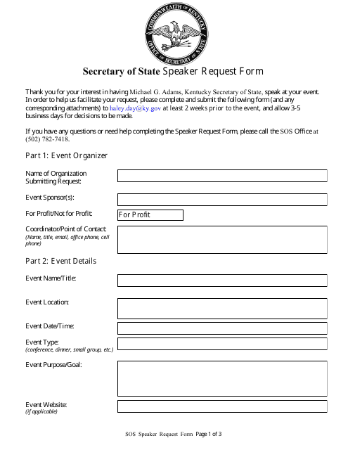 Secretary of State Speaker Request Form - Kentucky Download Pdf
