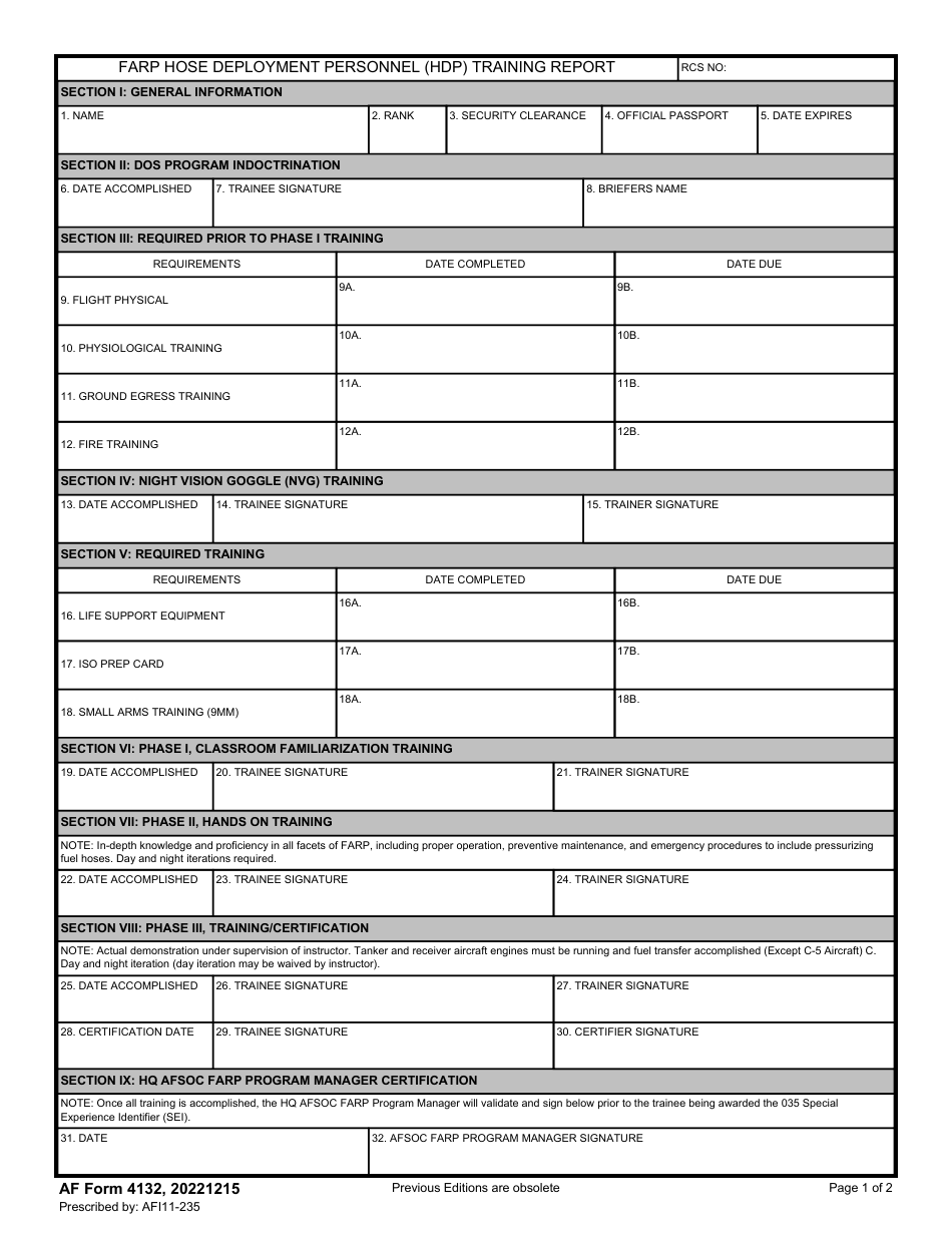 AF Form 4132 Farp Hose Deployment Personnel (Hdp) Training Report, Page 1