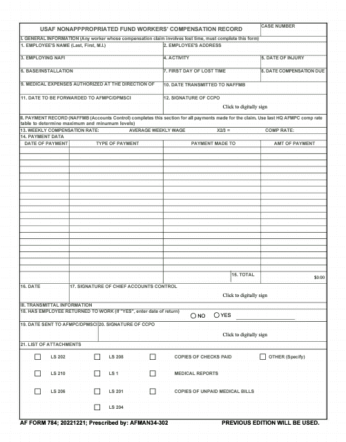 AF Form 784 USAF Nonappropriated Fund Workers' Compensation Record