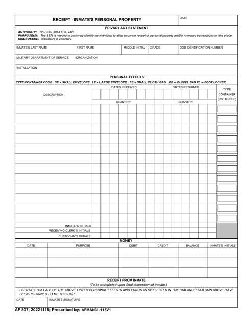 AF Form 807 Receipt - Inmate's Personal Property (I)