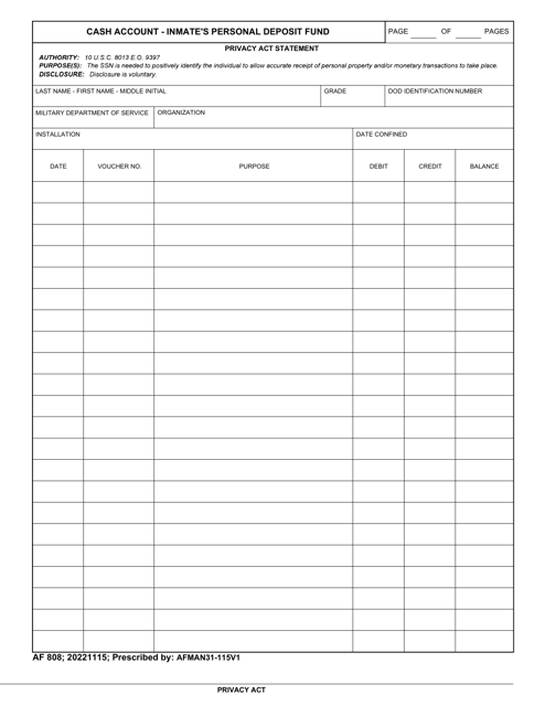 AF Form 808 Cash Account - Inmate's Personal Deposit Fund