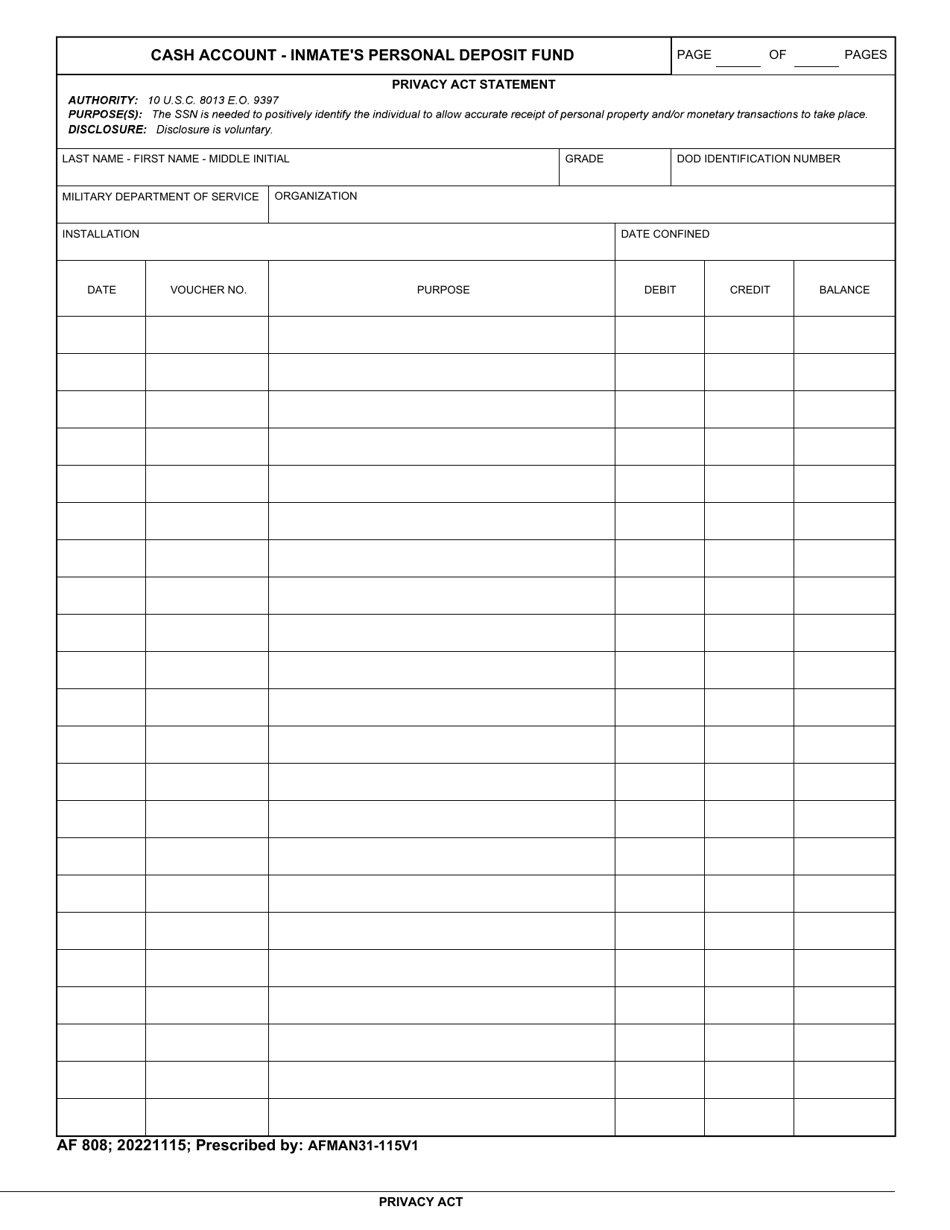 AF Form 808 Cash Account - Inmates Personal Deposit Fund, Page 1