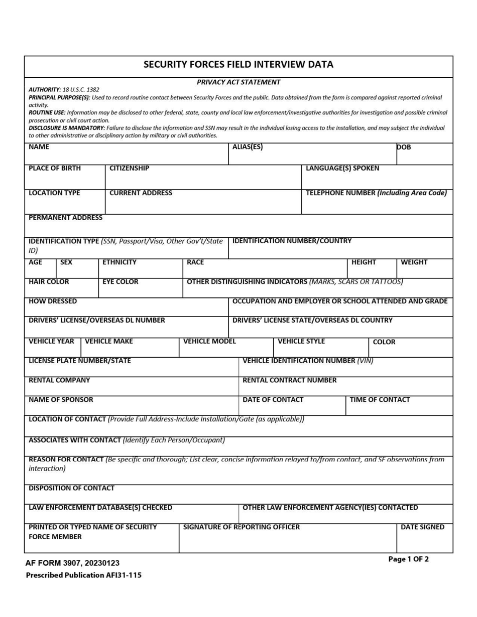 AF Form 3907 Security Forces Field Interview Data, Page 1