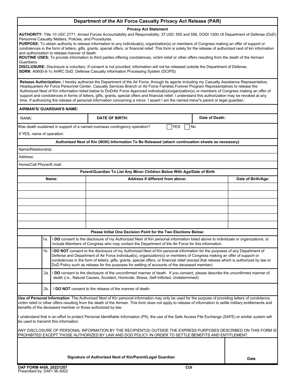 DAF Form 4456 Department of the Air Force Casualty Privacy Act Release (Par), Page 1