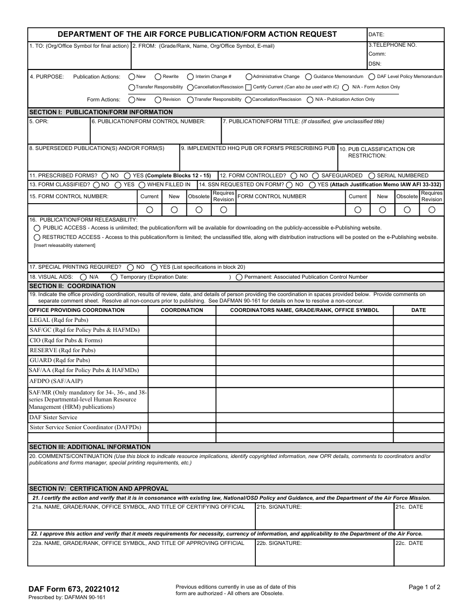 DAF Form 673 Department of the Air Force Publication / Form Action Request, Page 1