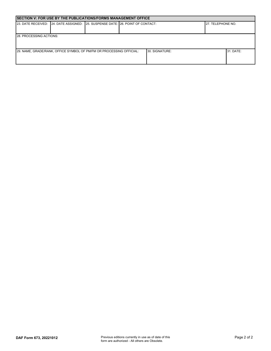 DAF Form 673 Department of the Air Force Publication / Form Action Request, Page 2