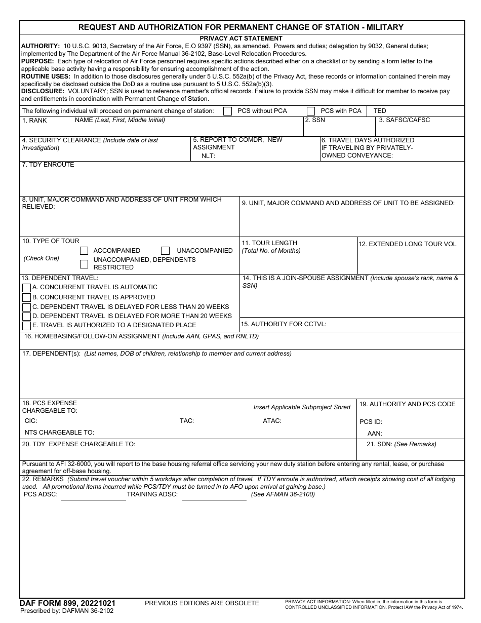 DAF Form 899 Request and Authorization for Permanent Change of Station - Military, Page 1