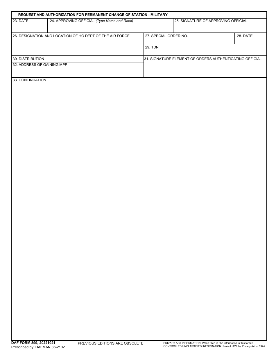 DAF Form 899 Request and Authorization for Permanent Change of Station - Military, Page 2