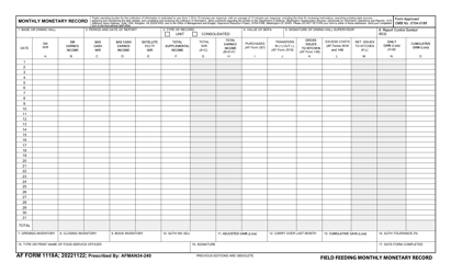 AF Form 1119A Field Feeding Monthly Monetary Record