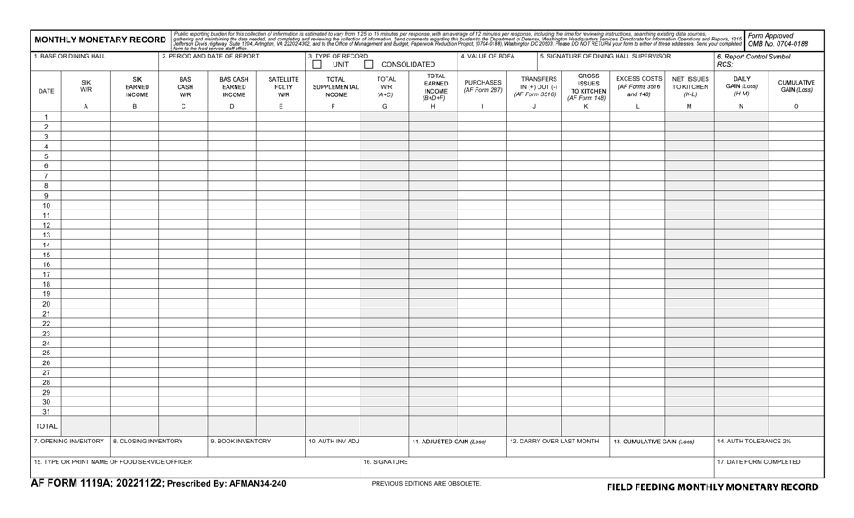 AF Form 1119A Field Feeding Monthly Monetary Record, Page 1