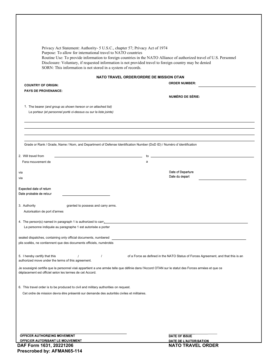 DAF Form 1631 NATO Travel Order / Ordre De Mission Otan, Page 1