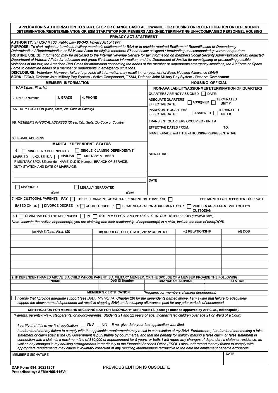 DAF Form 594 Application and Authorization to Start, Stop or Change Basic Allowance for Housing or Recertification or Dependency Determination / Redetermination or Esm Start / Stop for Members Assigned / Terminating Unaccompanied Pesonnel Housing, Page 1