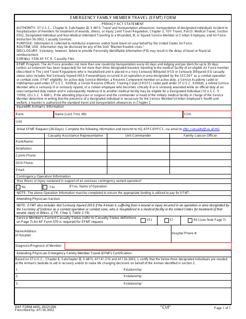 DAF Form 4455 Emergency Family Member Travel (Efmt) Form