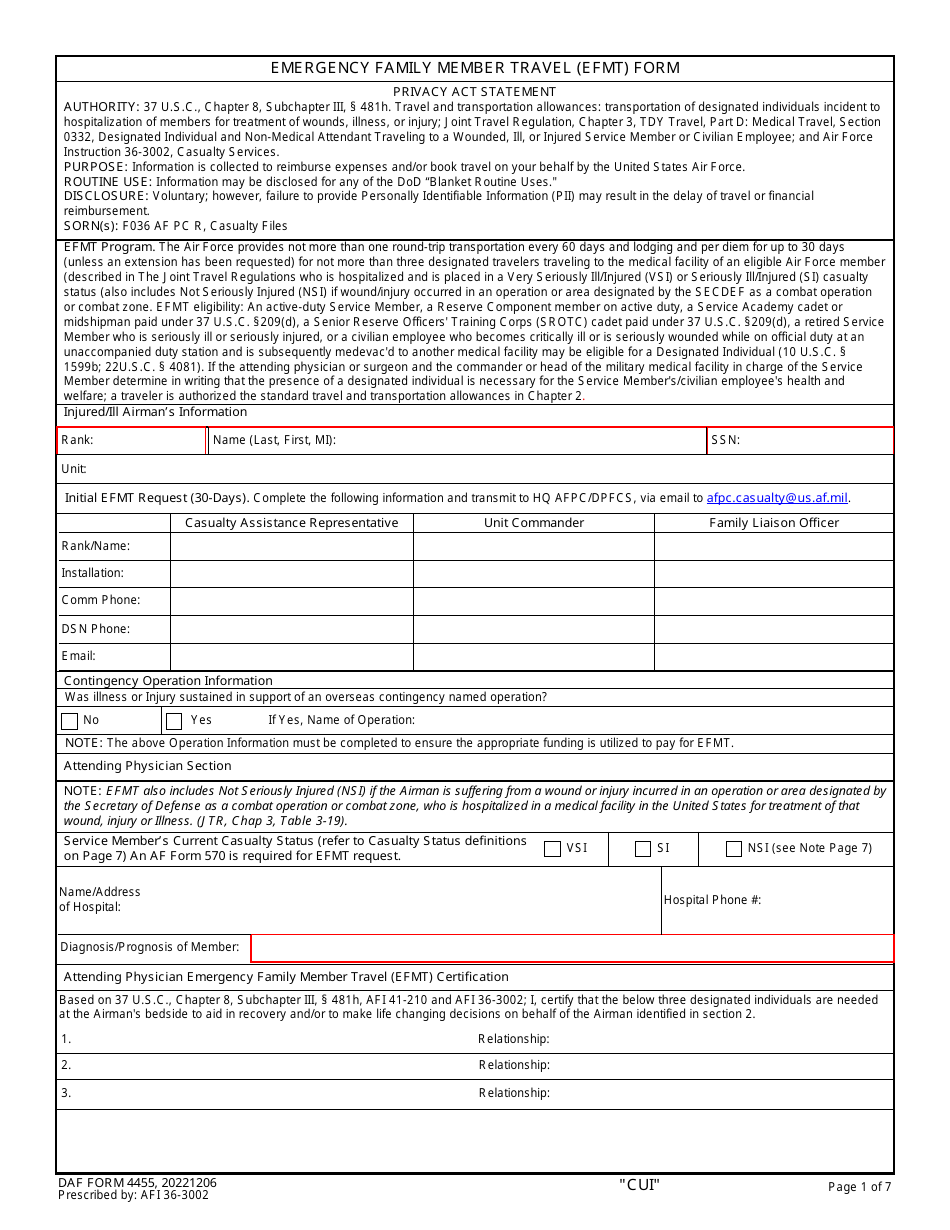DAF Form 4455 Emergency Family Member Travel (Efmt) Form, Page 1