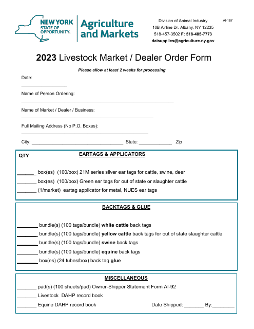 Form AI-187 Livestock Market/Dealer Order Form - New York, 2023