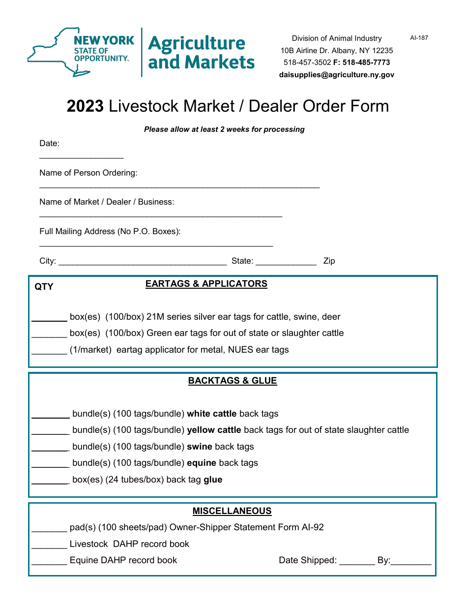 Form AI-187 Livestock Market / Dealer Order Form - New York, Page 1