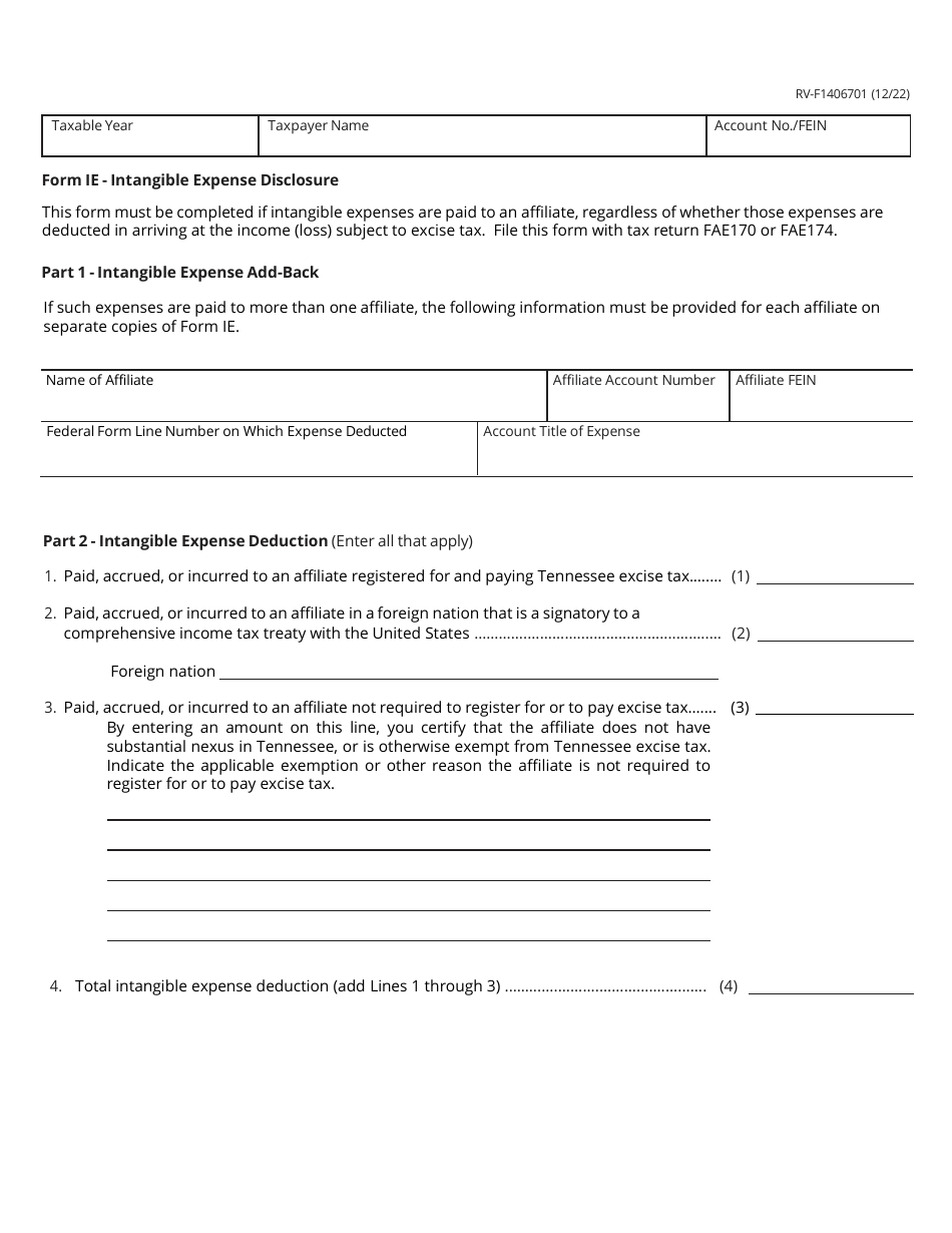 Form IE (RV-F1406701) Intangible Expense Disclosure - Tennessee, Page 1
