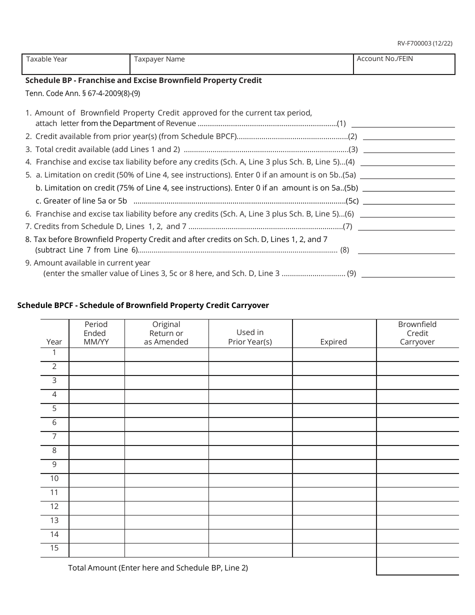 Form RV-F700003 Schedule BP Franchise and Excise Brownfield Property Credit - Tennessee, Page 1