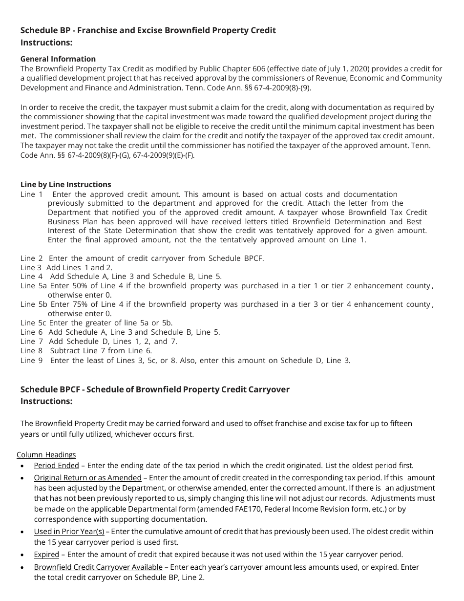 Form RV-F700003 Schedule BP Franchise and Excise Brownfield Property Credit - Tennessee, Page 2