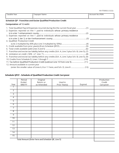 Form RV-F700002 Schedule QP  Printable Pdf