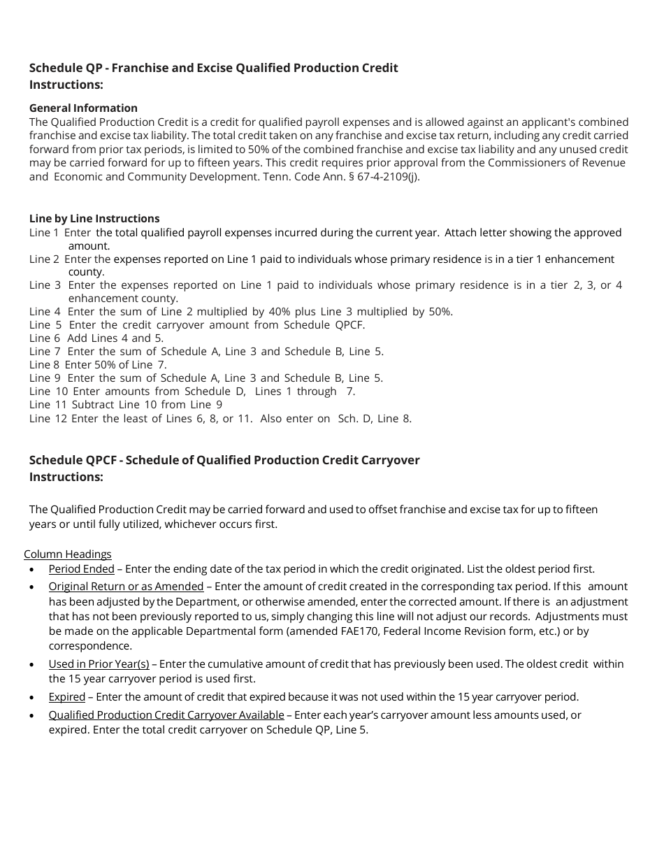 Form RV-F700002 Schedule QP Franchise and Excise Qualified Production Credit - Tennessee, Page 2