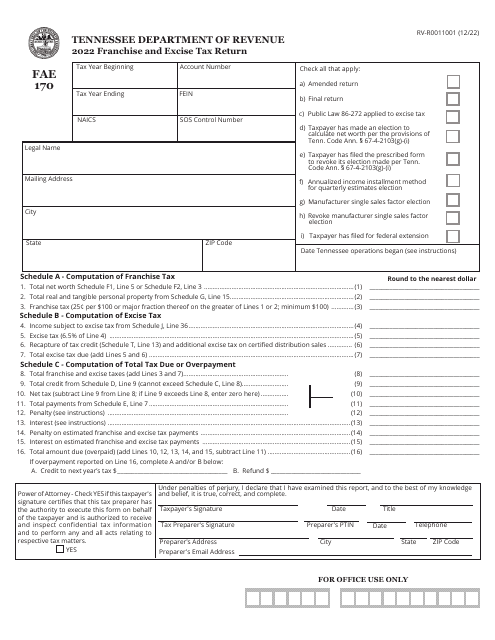 Form FAE170 (RV-R0011001) Franchise and Excise Tax Return - Tennessee, 2022