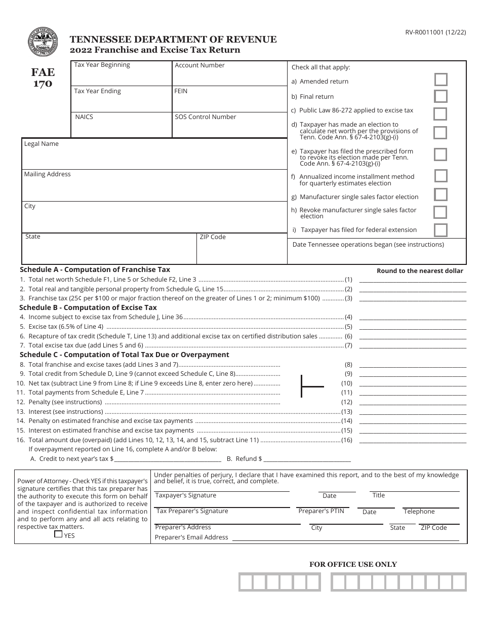 Form FAE170 (RV-R0011001) Franchise and Excise Tax Return - Tennessee, Page 1