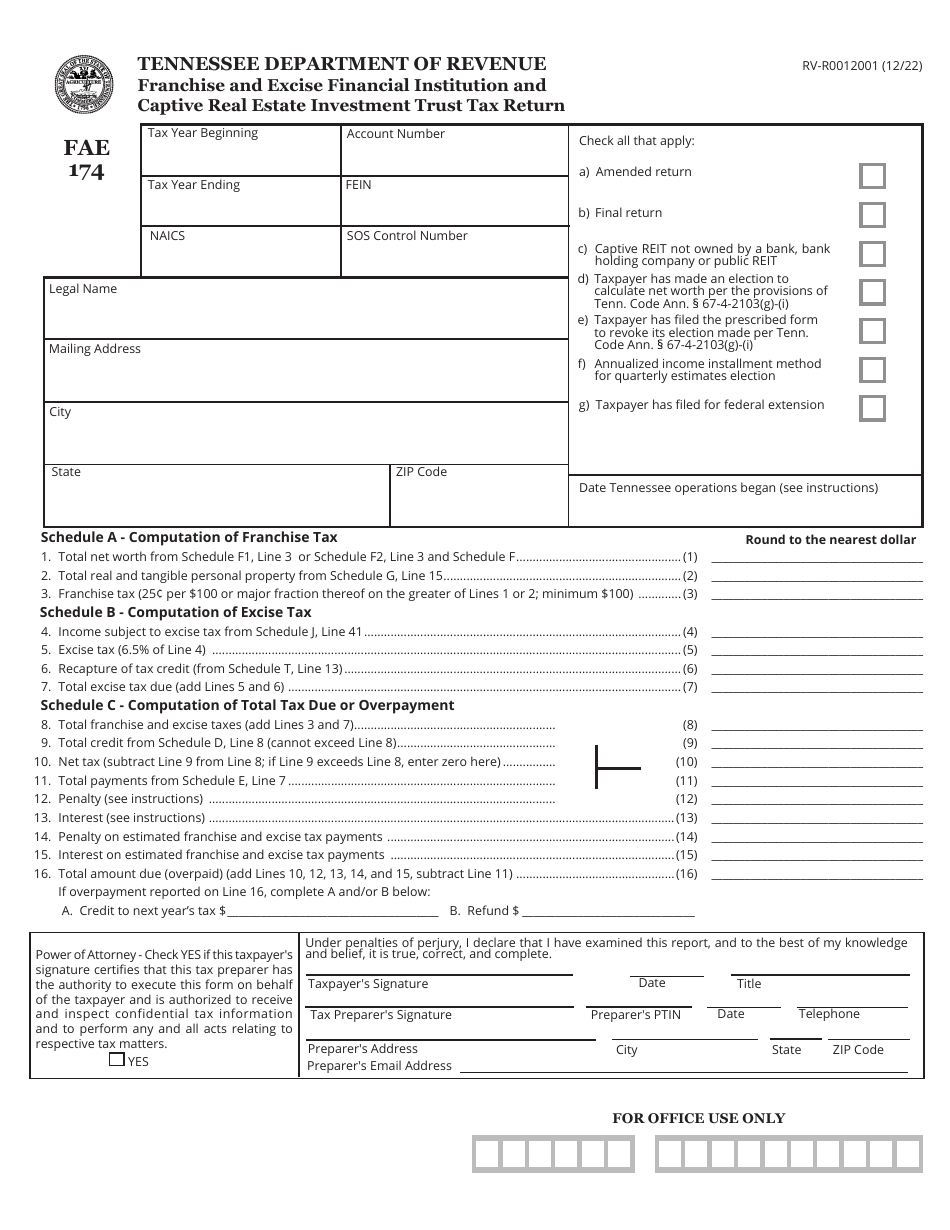 Form FAE174 (RV-R0012001) Franchise and Excise Financial Institution and Captive Real Estate Investment Trust Tax Return - Tennessee, Page 1