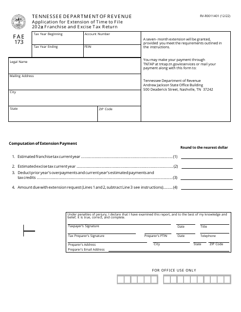Form FAE173 (RV-R0011401) Application for Extension of Time to File Franchise and Excise Tax Return - Tennessee, 2022