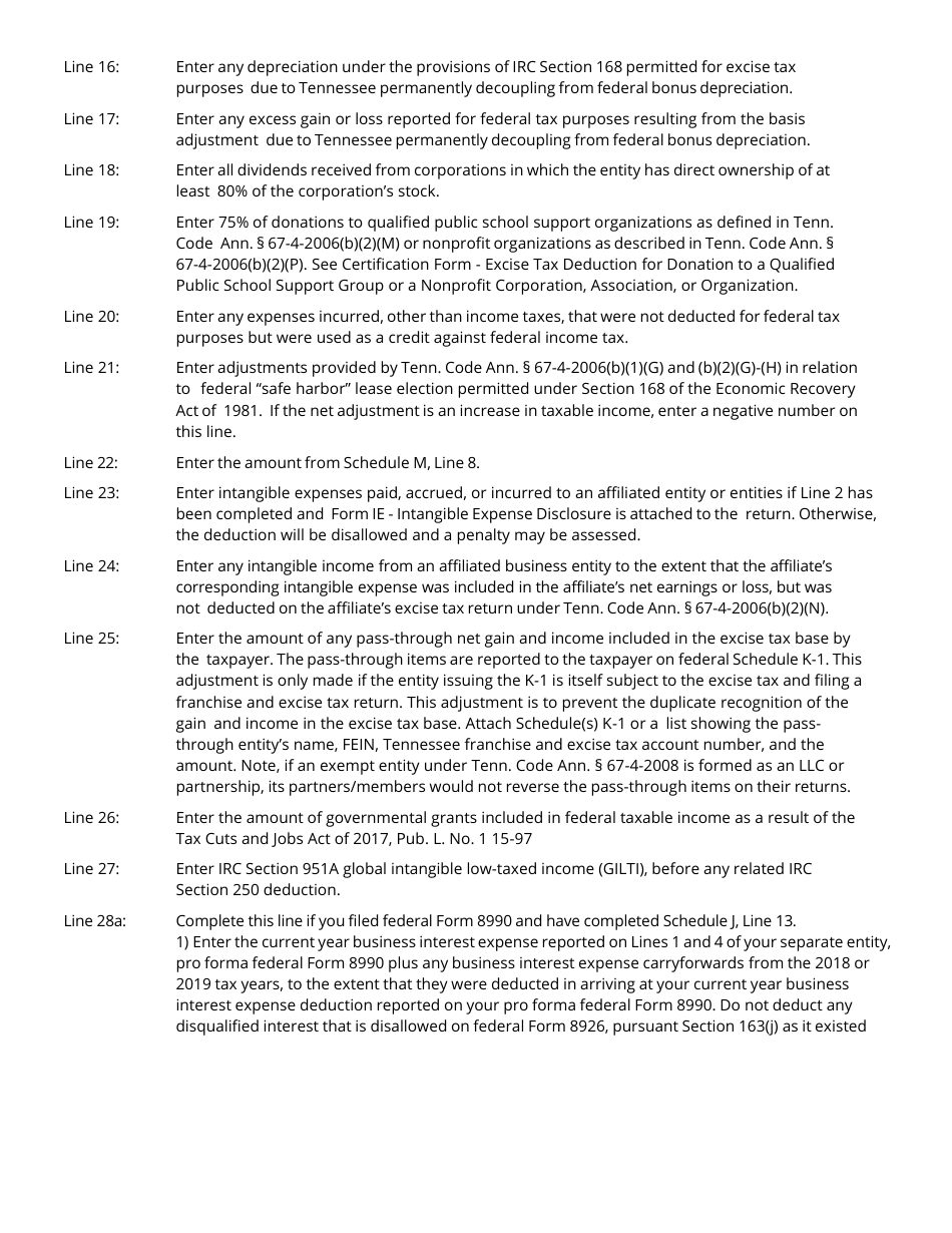 Instructions for Form FAE170, RV-R0011001 Franchise and Excise Tax Return - Tennessee, Page 10