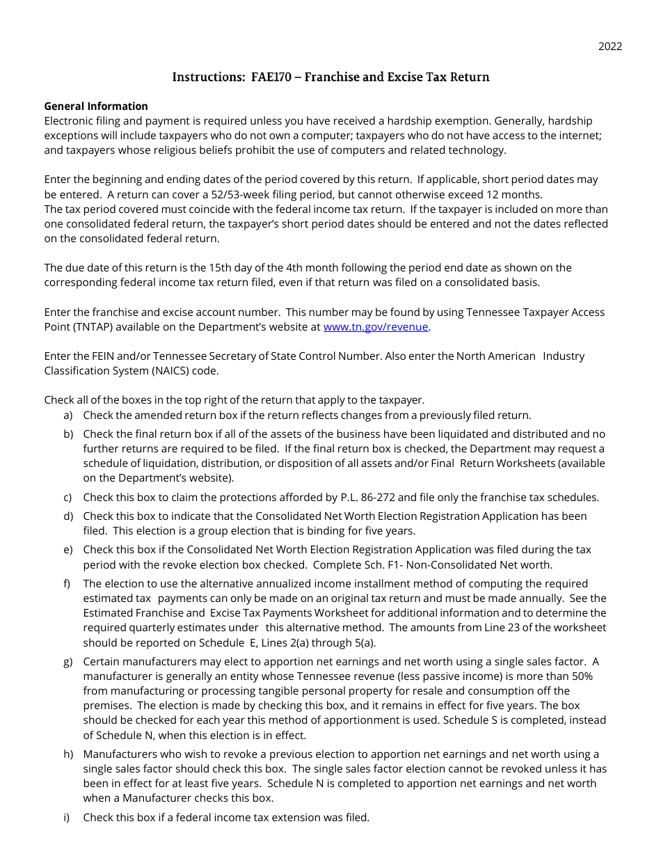 Instructions for Form FAE170, RV-R0011001 Franchise and Excise Tax Return - Tennessee, Page 1