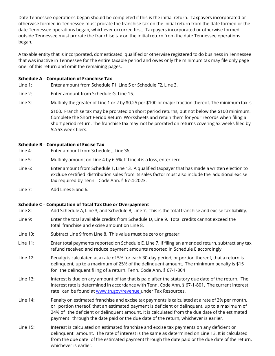 Instructions for Form FAE170, RV-R0011001 Franchise and Excise Tax Return - Tennessee, Page 2