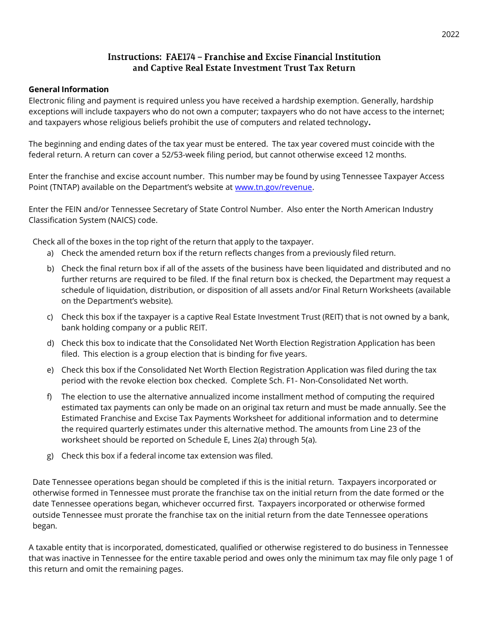 Instructions for Form FAE174, RV-R0012001 Franchise and Excise Financial Institution and Captive Real Estate Investment Trust Tax Return - Tennessee, Page 1