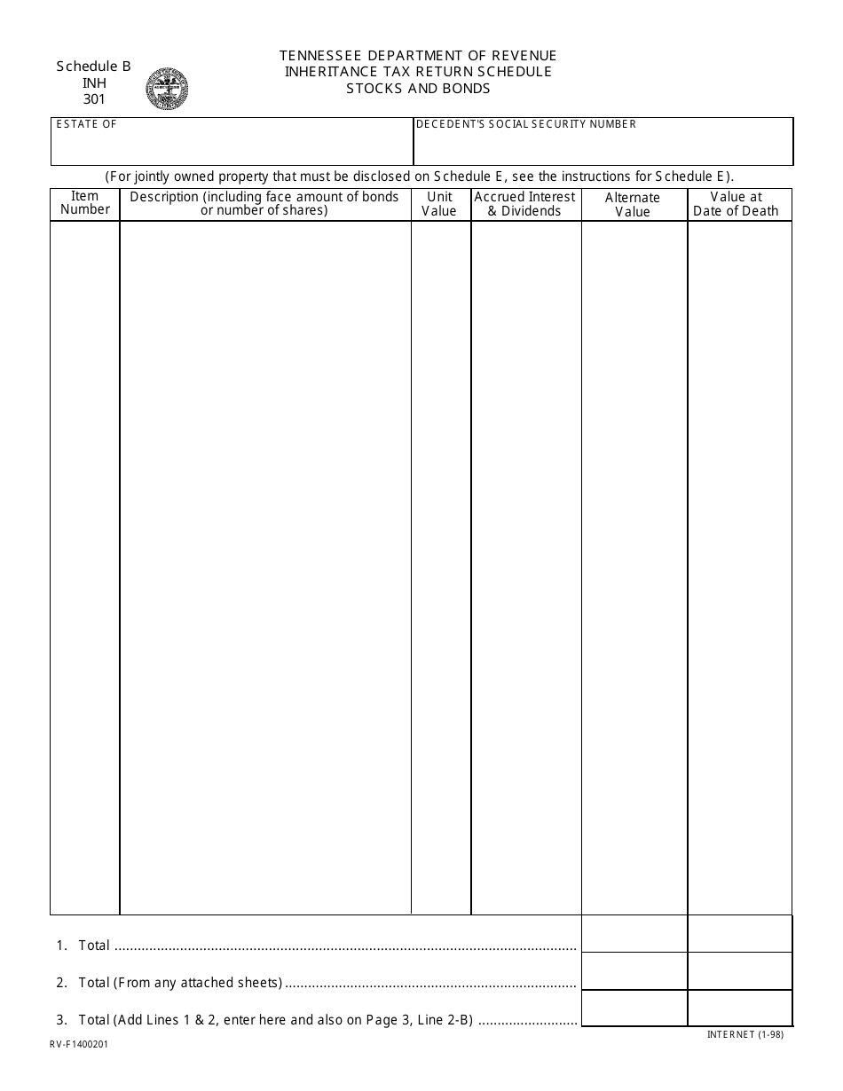 Form INH301 (RV-F1400201) Schedule B Inheritance Tax Return Schedule - Stocks and Bonds - Tennessee, Page 1