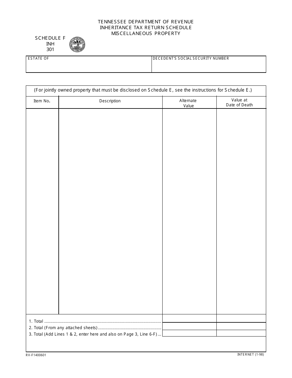 Form INH301 (RV-F1400601) Schedule F Inheritance Tax Return Schedule - Miscellaneous Property - Tennessee, Page 1