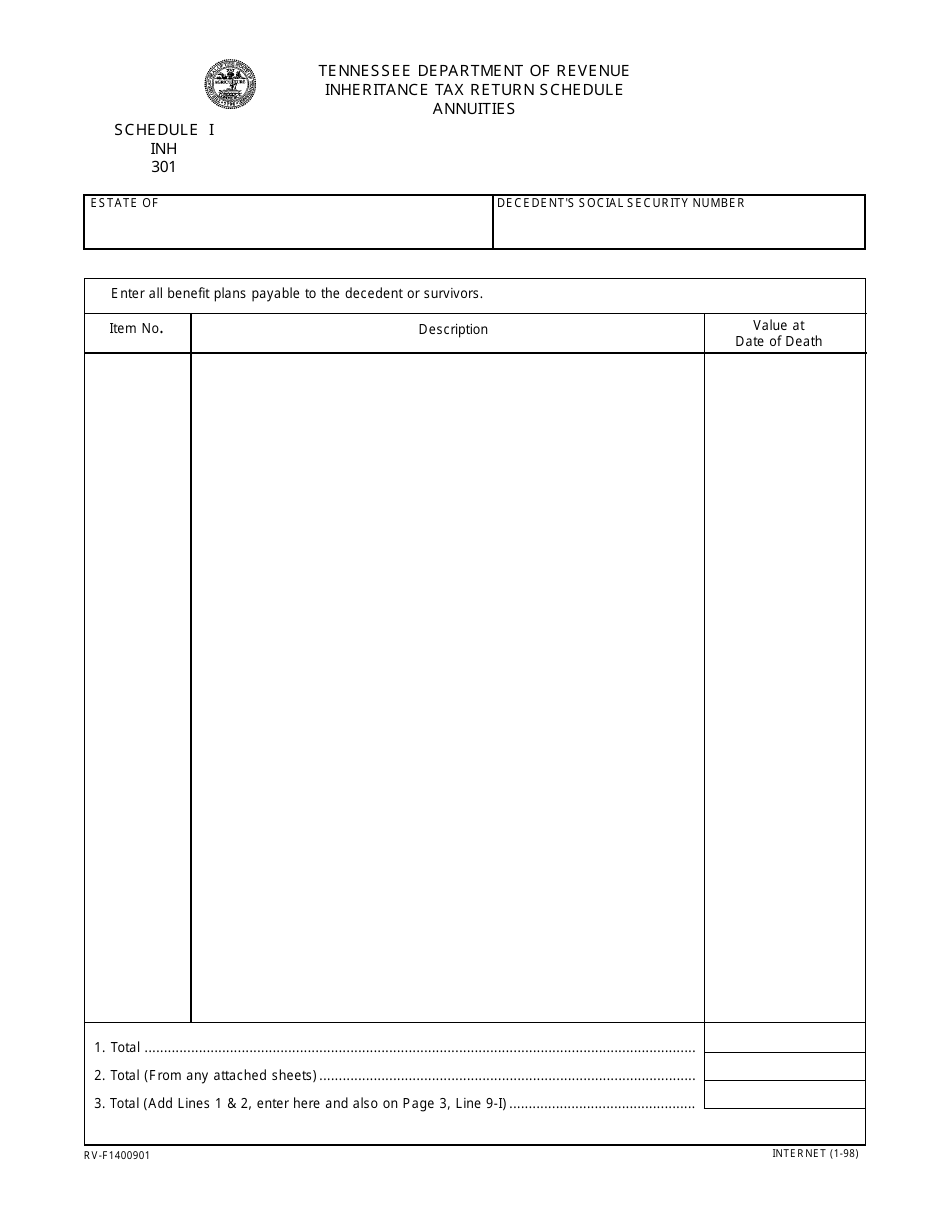 Form INH301 (RV-F1400901) Schedule I Inheritance Tax Return Schedule - Annuities - Tennessee, Page 1