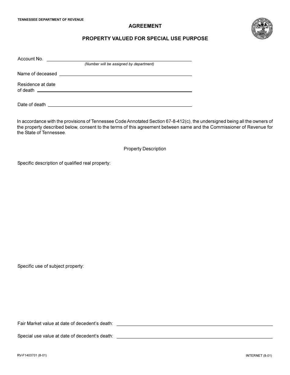 Form RV-F1403701 Agreement Property Valued for Special Use Purpose - Tennessee, Page 1