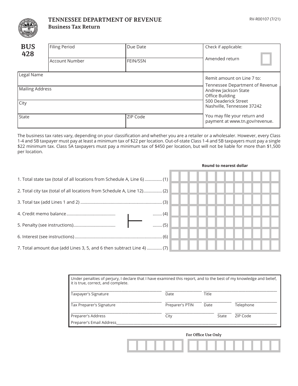 Form BUS428 (RV-R00107) Business Tax Return - Tennessee, Page 1