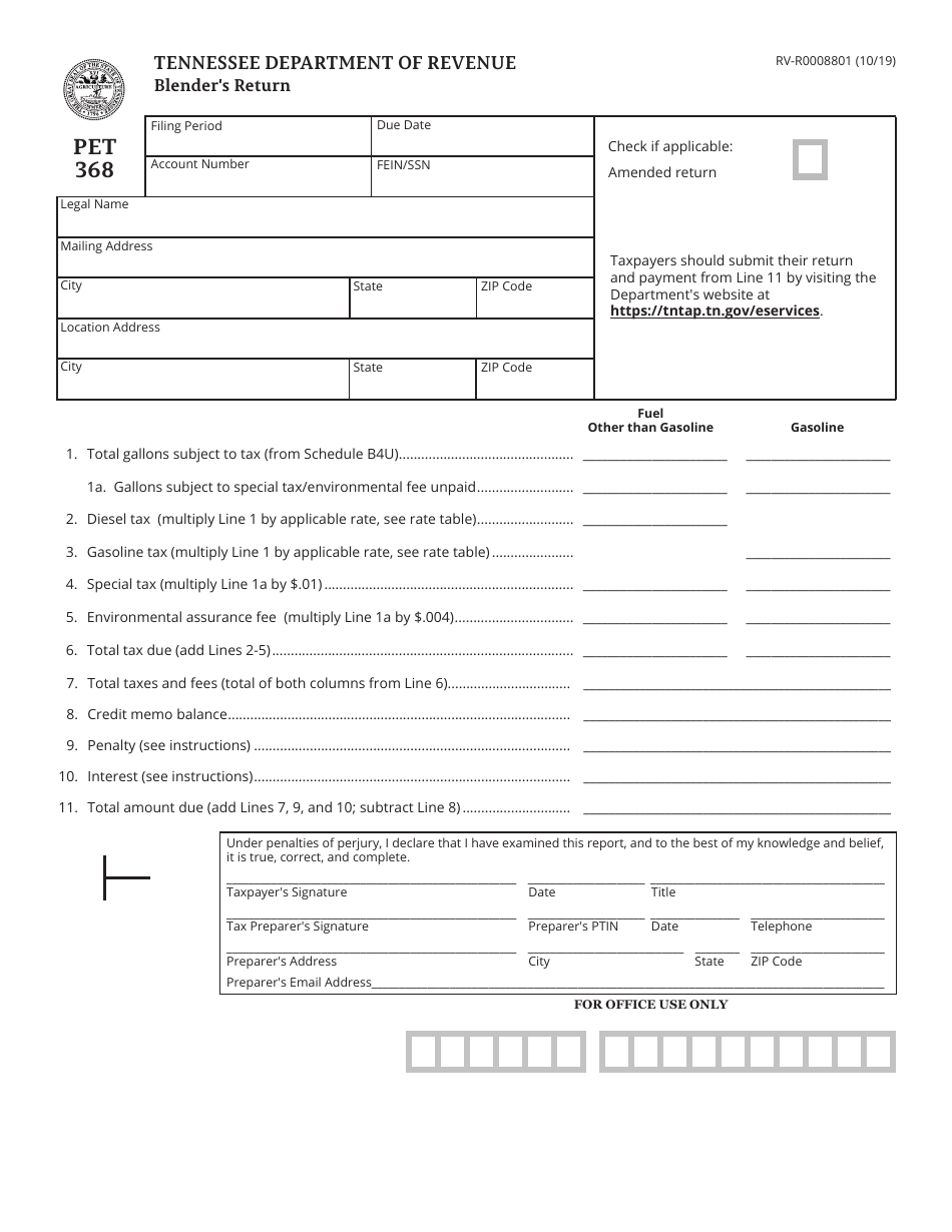 Form PET368 (RV-R0008801) Blenders Return - Tennessee, Page 1