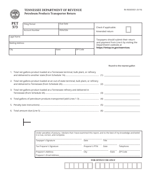Form PET373 (RV-R0009301) Petroleum Products Transporter Return - Tennessee