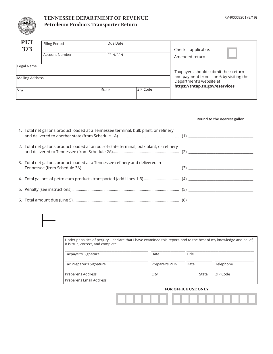 Form PET373 (RV-R0009301) Petroleum Products Transporter Return - Tennessee, Page 1