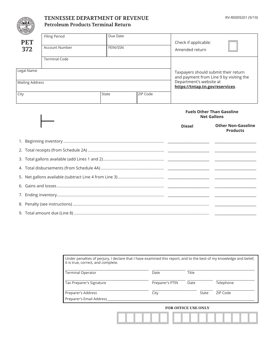 Form PET372 (RV-R0009201) Petroleum Products Terminal Return - Tennessee, Page 1