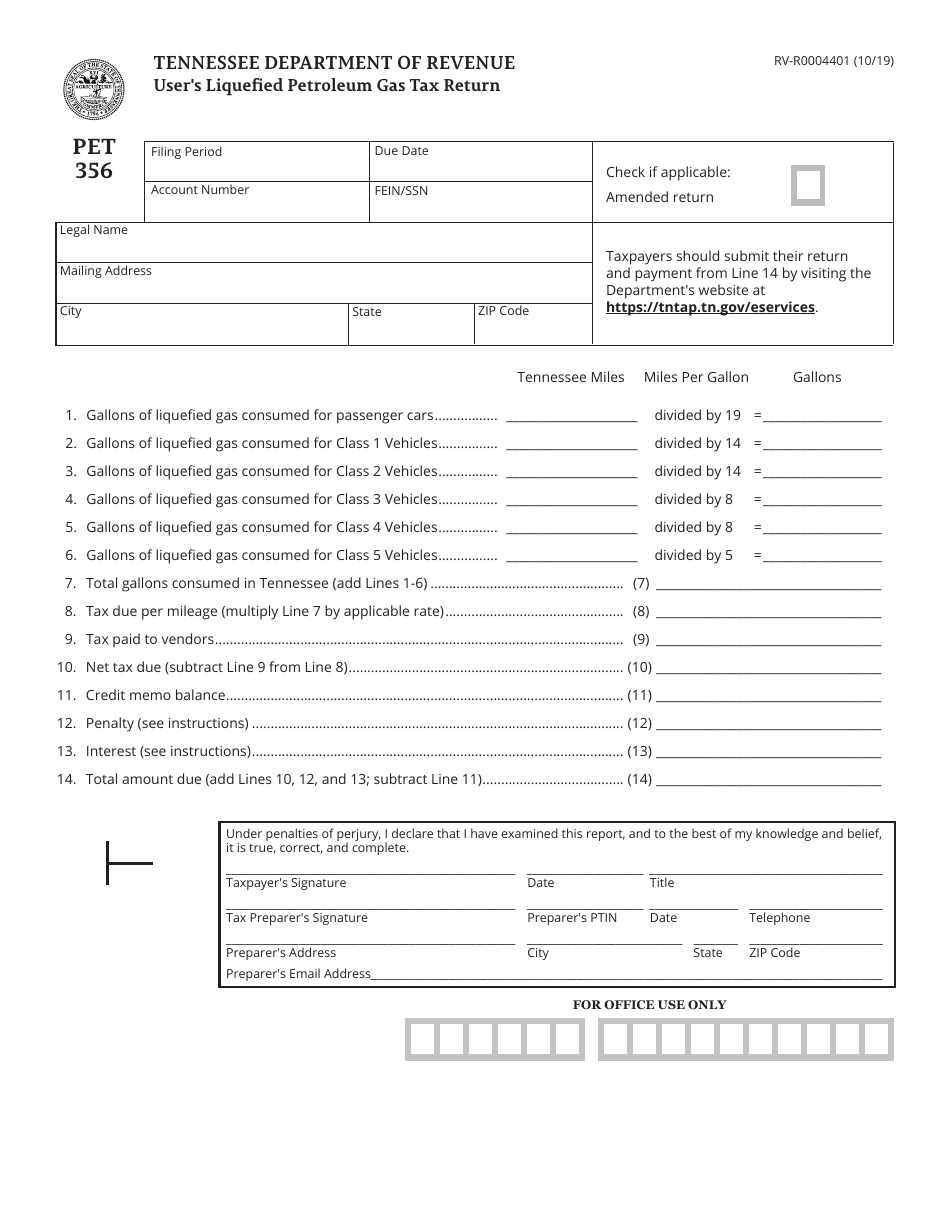 Form PET356 (RV-R0004401) Users Liquefied Petroleum Gas Tax Return - Tennessee, Page 1