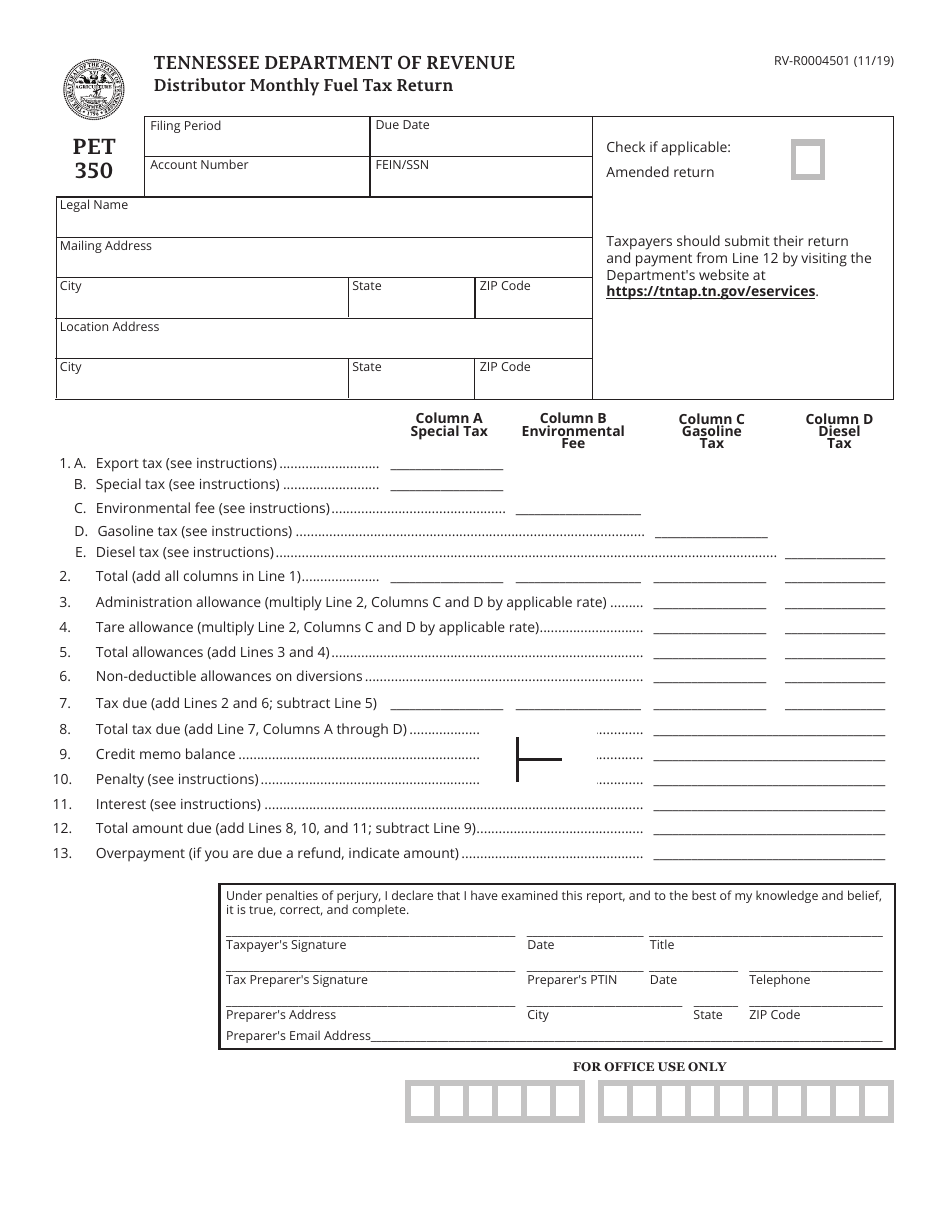 Form PET350 (RV-R0004501) Distributor Monthly Fuel Tax Return - Tennessee, Page 1