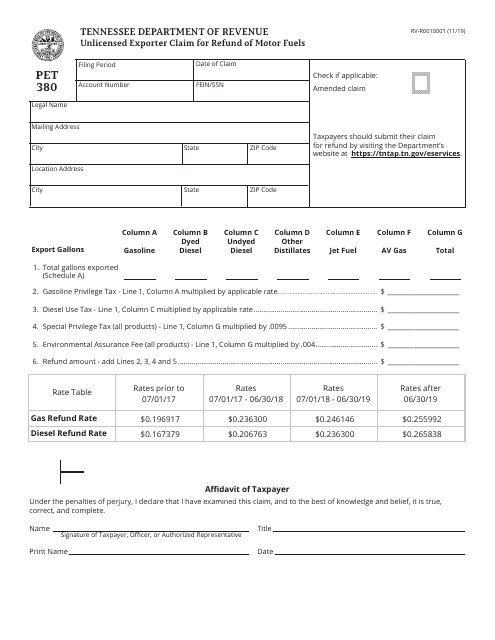 Form PET380 (RV-R0010001)  Printable Pdf