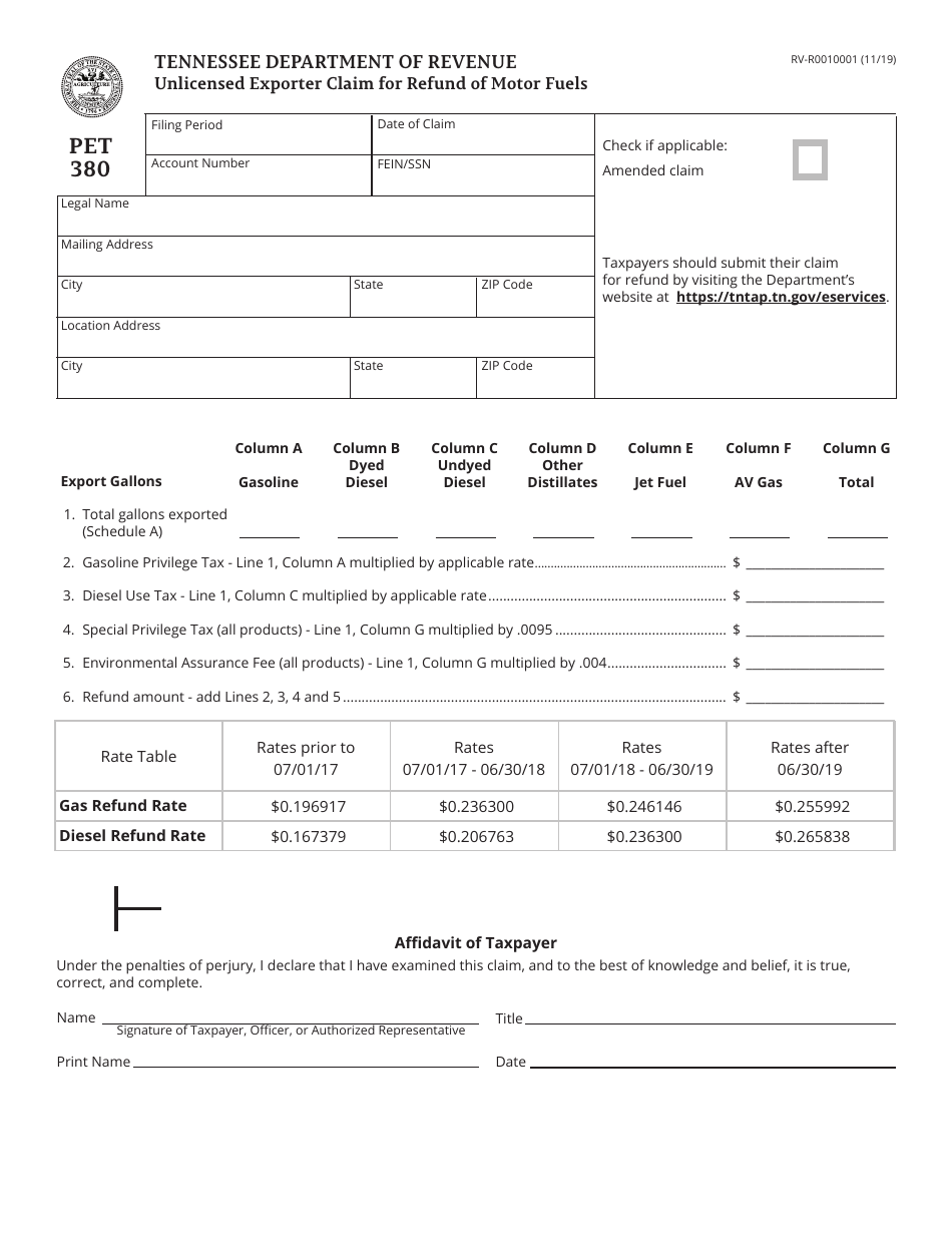 Form PET380 (RV-R0010001) Unlicensed Exporter Claim for Refund of Motor Fuels - Tennessee, Page 1