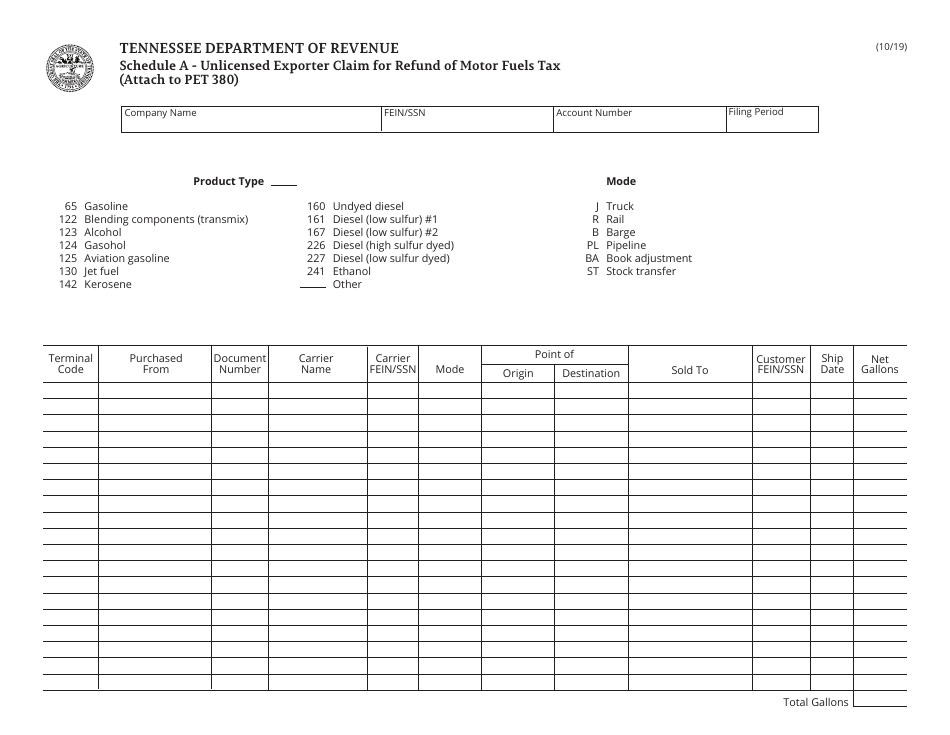 Form PET380 (RV-R0010001) Unlicensed Exporter Claim for Refund of Motor Fuels - Tennessee, Page 2