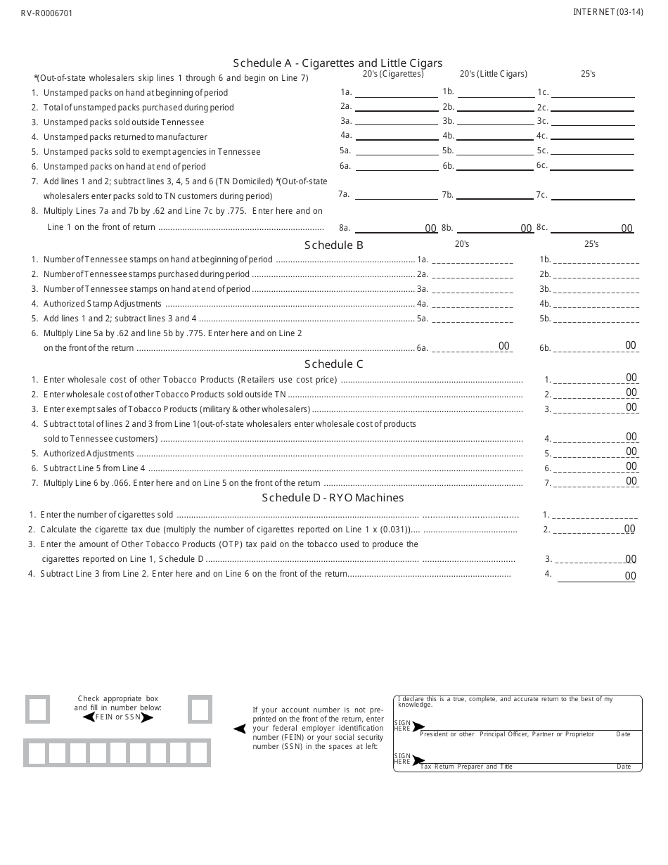 Form TOB552 (RV-R0006701) Tennessee Tobacco Products Return for Tax Periods Beginning October 1, 2013 Through January 31, 2017 - Tennessee, Page 2