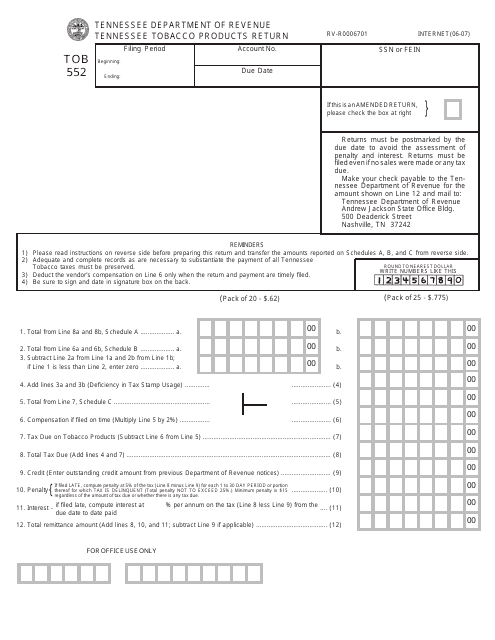 Form TOB552 (RV-R0006701)  Printable Pdf
